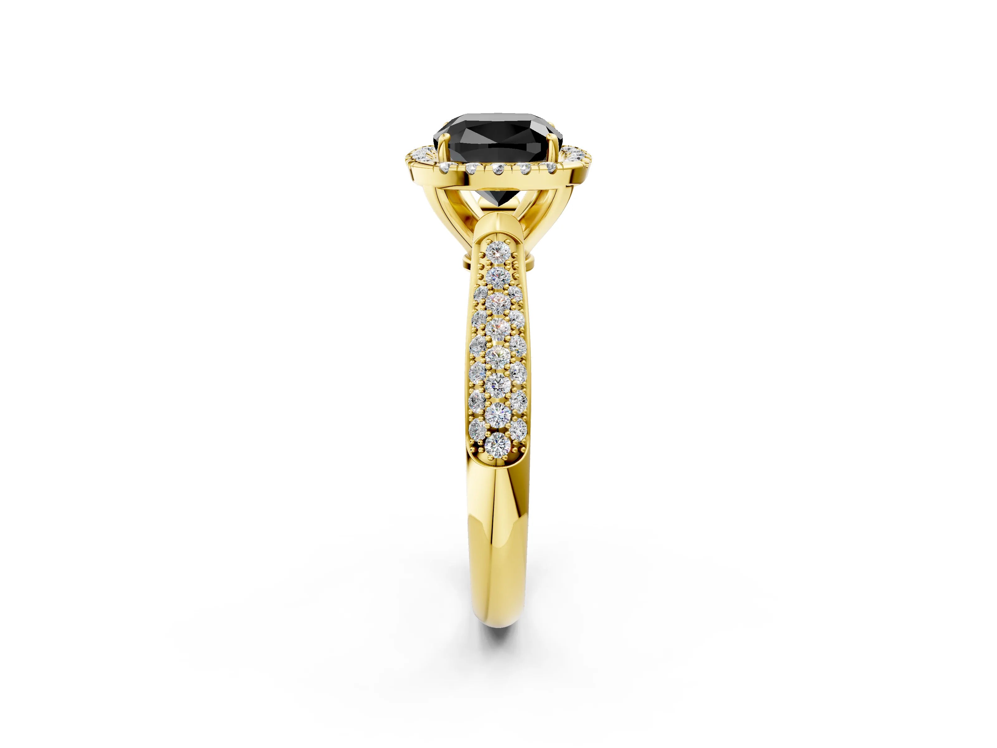 Yellow gold Fancy Black Cushion Cut Halo Diamond Ring with Pavé Band_2