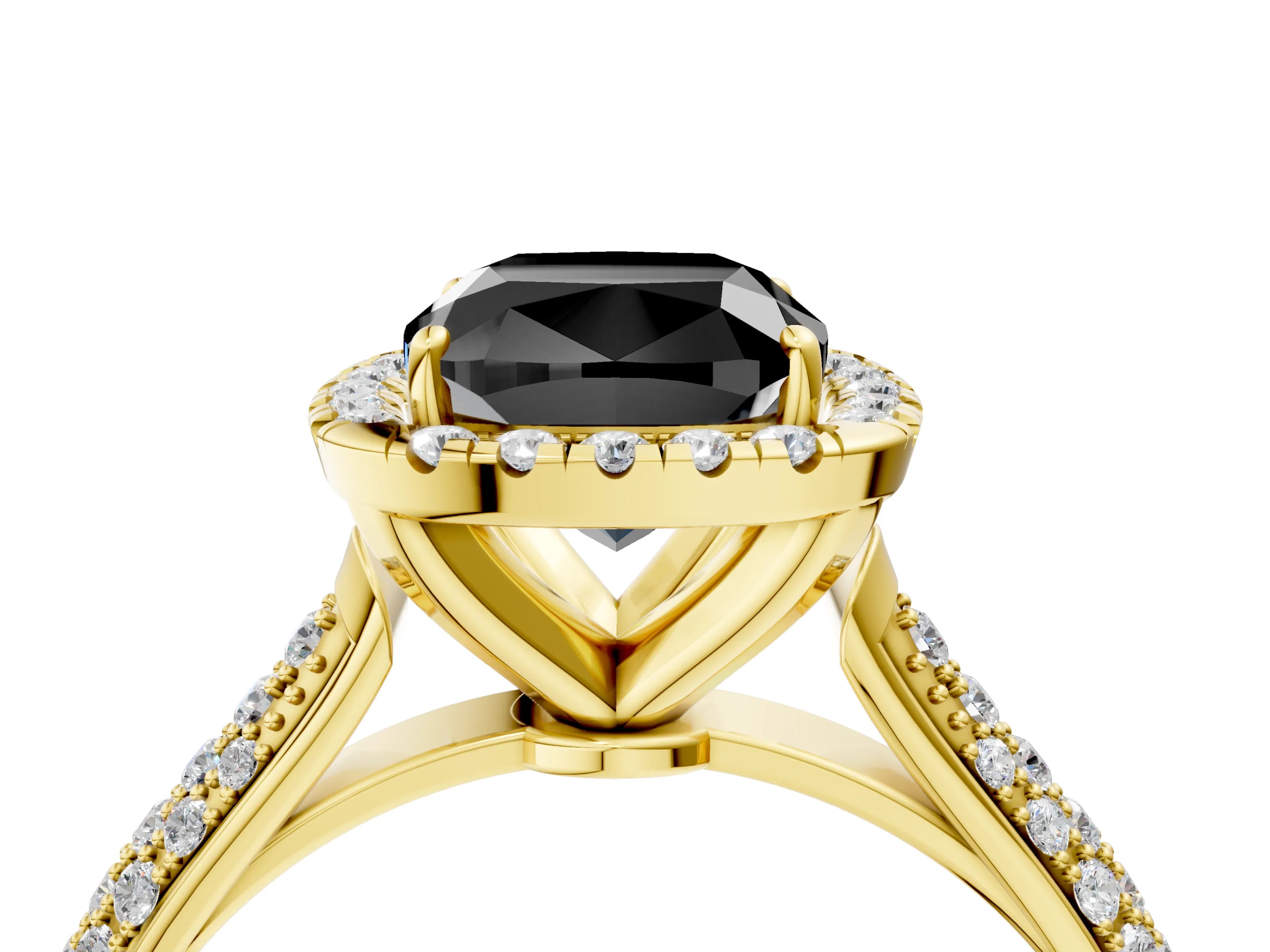 Yellow gold Fancy Black Cushion Cut Halo Diamond Ring with Pavé Band_4
