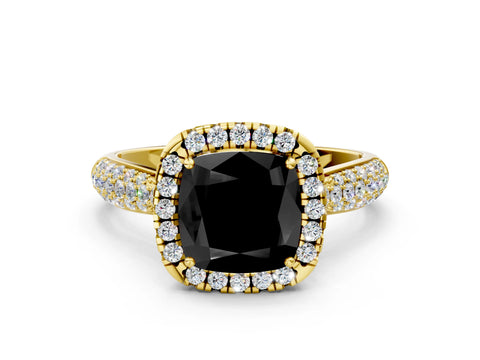 Yellow gold Fancy Black Cushion Cut Halo Diamond Ring with Pavé Band