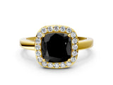 Yellow gold Fancy Black Cushion Cut Halo Diamond Ring with Solitaire Band and Prong Setting