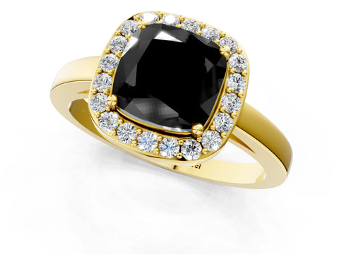 Yellow gold Fancy Black Cushion Cut Halo Diamond Ring with Solitaire Band and Prong Setting_1