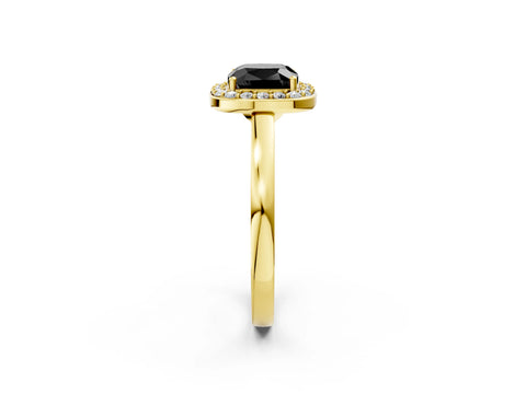 Yellow gold Fancy Black Cushion Cut Halo Diamond Ring with Solitaire Band and Prong Setting_2