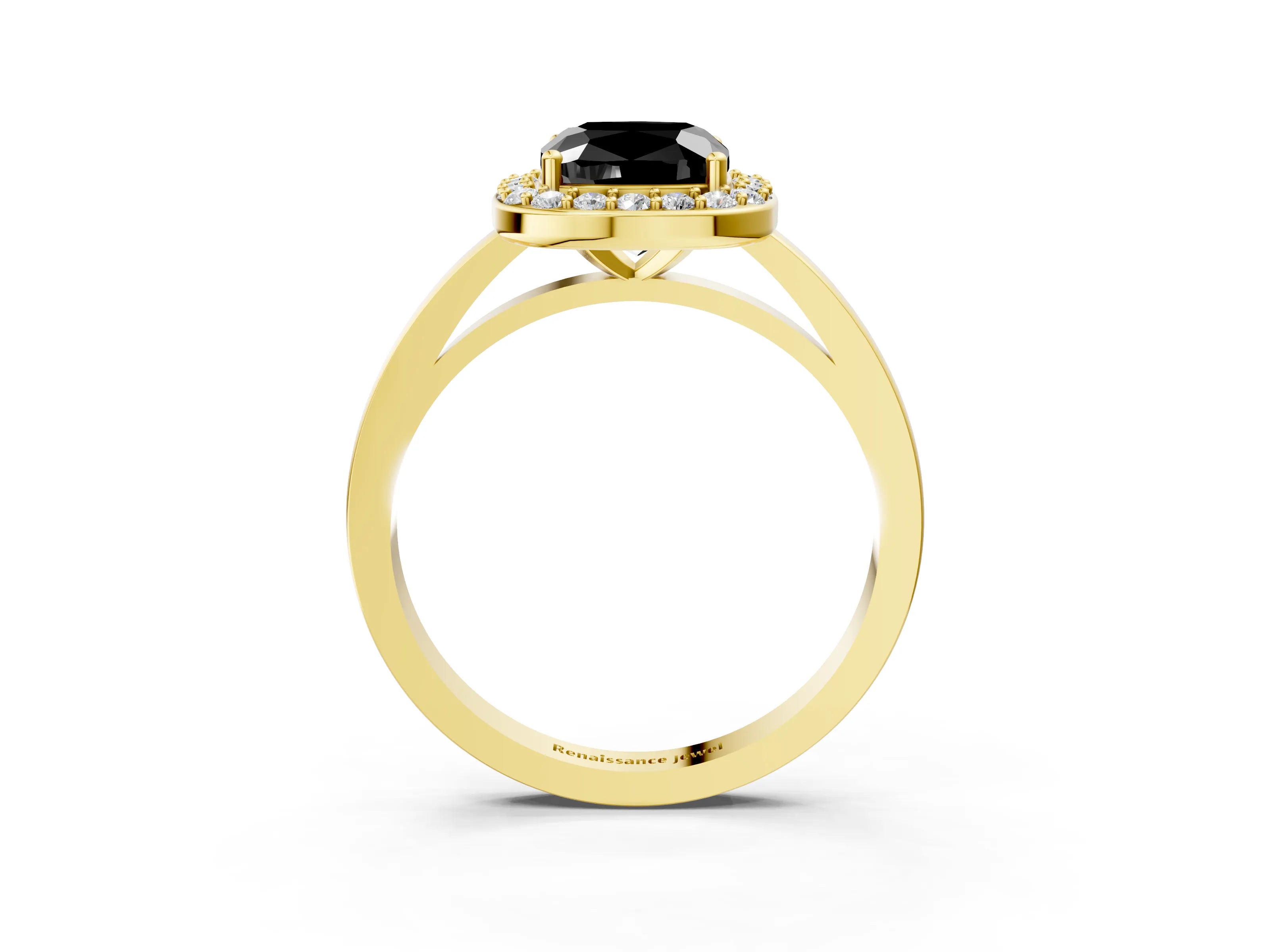 Yellow gold Fancy Black Cushion Cut Halo Diamond Ring with Solitaire Band and Prong Setting_3