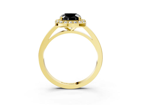 Yellow gold Fancy Black Cushion Cut Halo Diamond Ring with Solitaire Band and Prong Setting_3