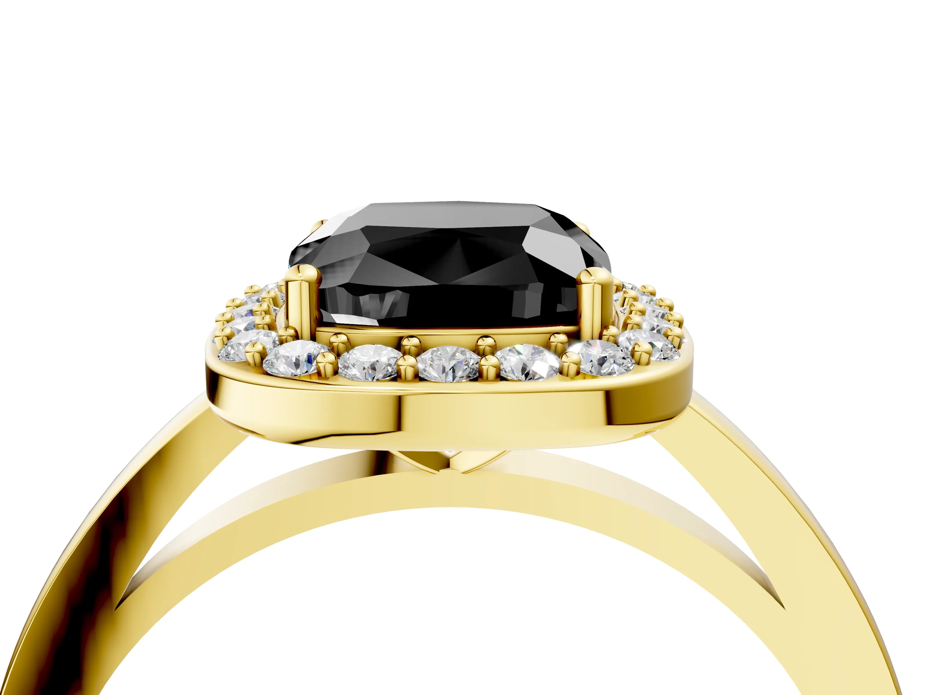 Yellow gold Fancy Black Cushion Cut Halo Diamond Ring with Solitaire Band and Prong Setting_4