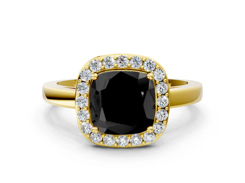 Yellow gold Fancy Black Cushion Cut Halo Diamond Ring with Solitaire Band and Prong Setting