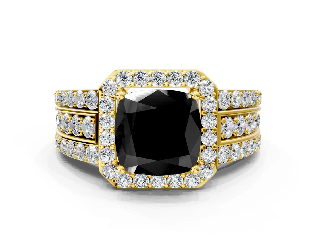 Yellow gold Fancy Black Cushion Cut Halo Diamond Ring with Split Shank and Four-Prong Setting
