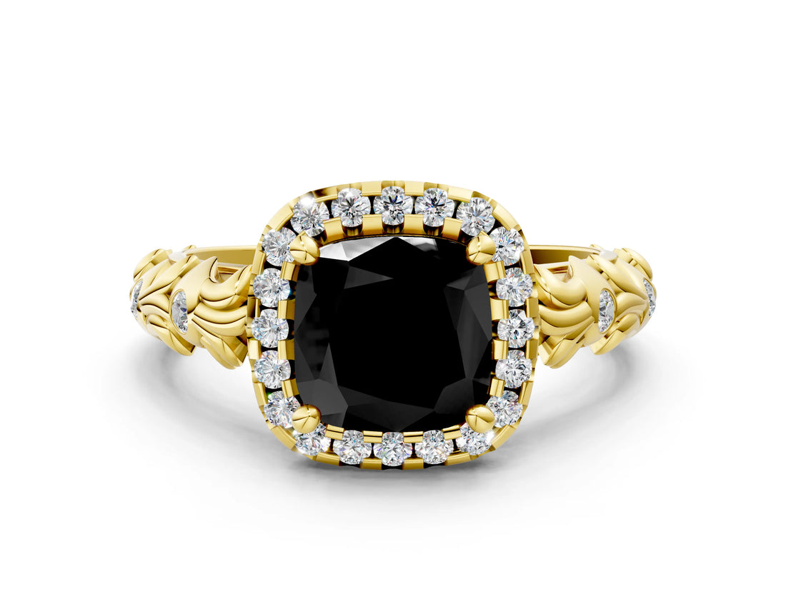 Yellow gold Fancy Black Cushion Cut Halo Diamond Solitaire with Filigree Band and Four-Prong Setting