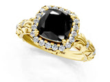 Yellow gold Fancy Black Cushion Cut Halo Diamond Solitaire with Filigree Band and Four-Prong Setting_1
