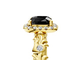 Yellow gold Fancy Black Cushion Cut Halo Diamond Solitaire with Filigree Band and Four-Prong Setting_5