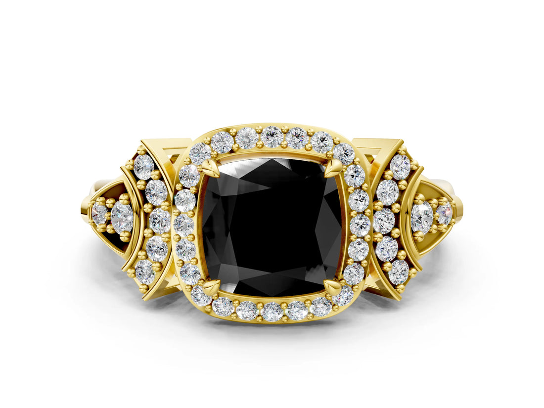 Yellow gold Fancy Black Cushion Cut Halo Diamond Split Shank Engagement Ring with Four-Prong Setting