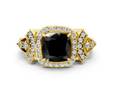 Yellow gold Fancy Black Cushion Cut Halo Diamond Split Shank Engagement Ring with Four-Prong Setting