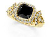 Yellow gold Fancy Black Cushion Cut Halo Diamond Split Shank Engagement Ring with Four-Prong Setting_1