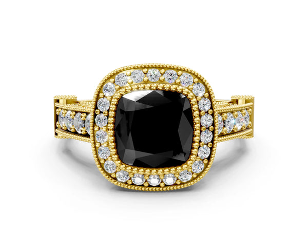 Yellow Gold Cushion Cut Vintage Bezel Halo Engagement Ring Setting for Black Center