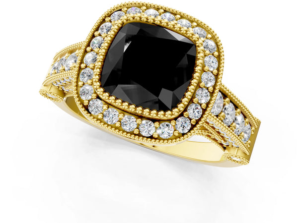 Yellow Gold Cushion Cut Vintage Bezel Halo Engagement Ring Setting for Black Center