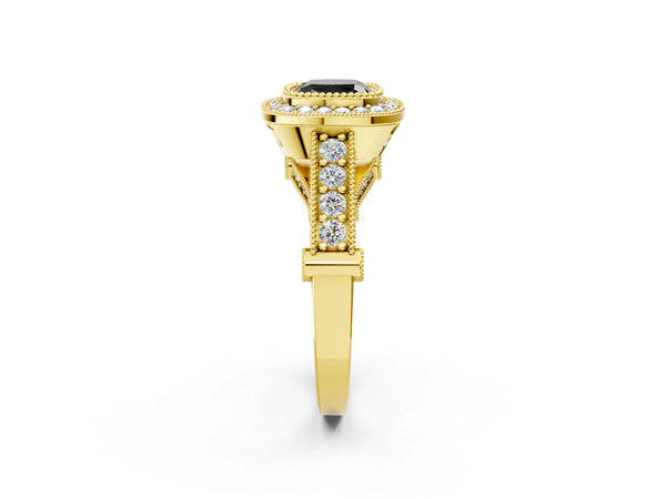 Yellow Gold Cushion Cut Vintage Bezel Halo Engagement Ring Setting for Black Center