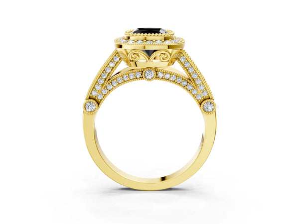 Yellow Gold Cushion Cut Vintage Bezel Halo Engagement Ring Setting for Black Center