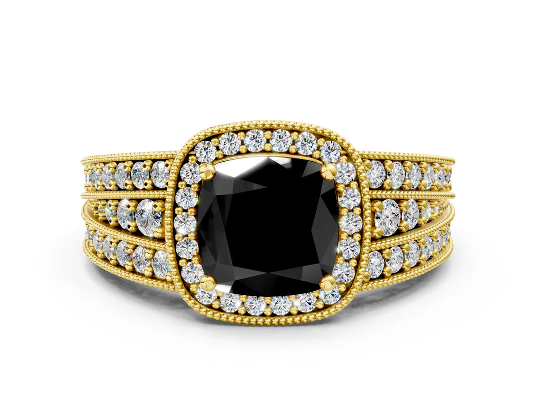 Yellow gold Fancy Black Cushion Cut Halo Diamond Split Shank Ring with Prong Setting