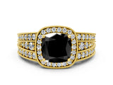 Yellow gold Fancy Black Cushion Cut Halo Diamond Split Shank Ring with Prong Setting