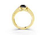 Yellow gold Fancy Black Cushion Cut Halo Diamond Split Shank Ring with Prong Setting_3