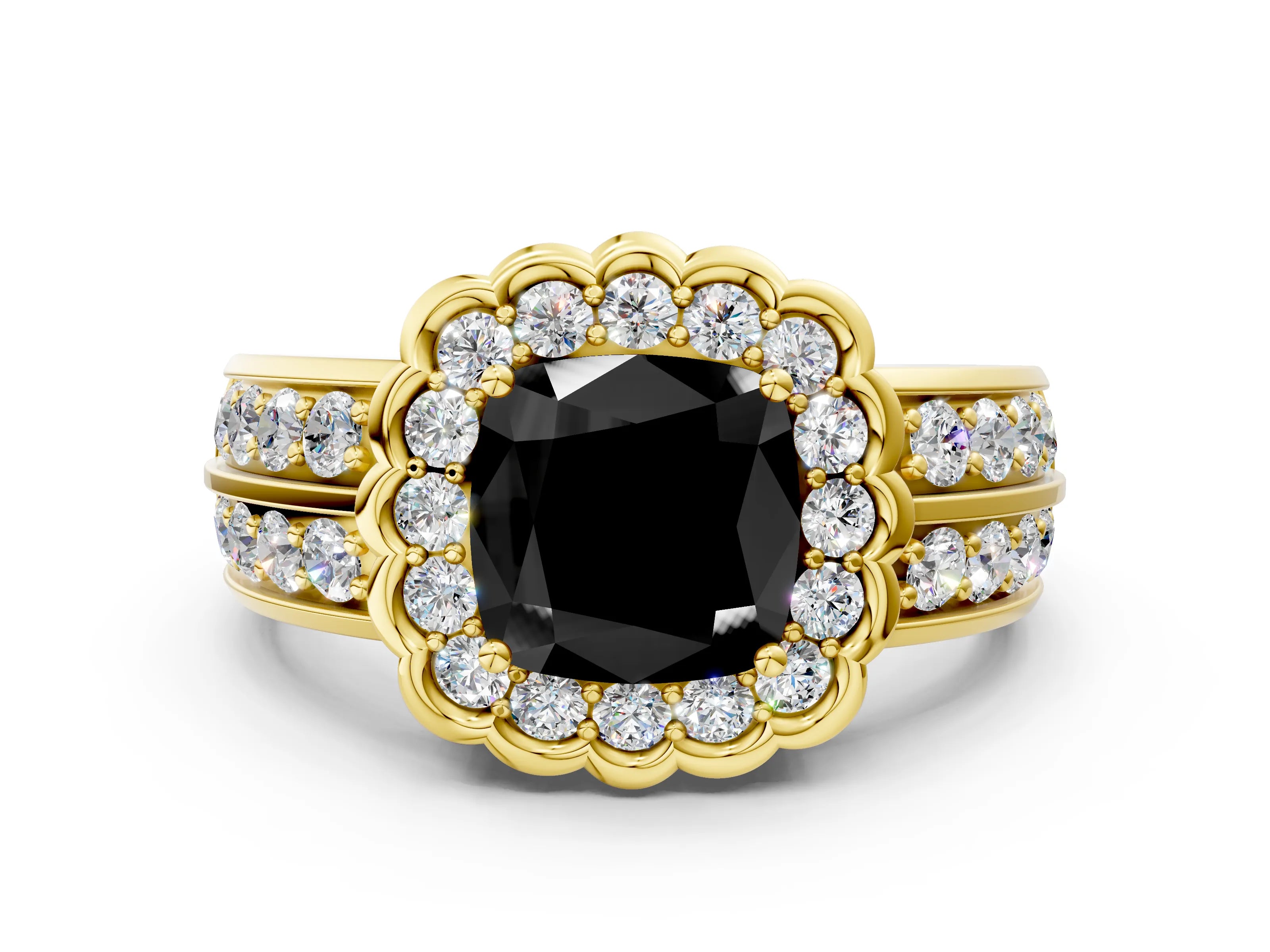 Yellow gold Fancy Black Cushion Cut Halo Diamond Split Shank Ring with Scalloped Prong Setting