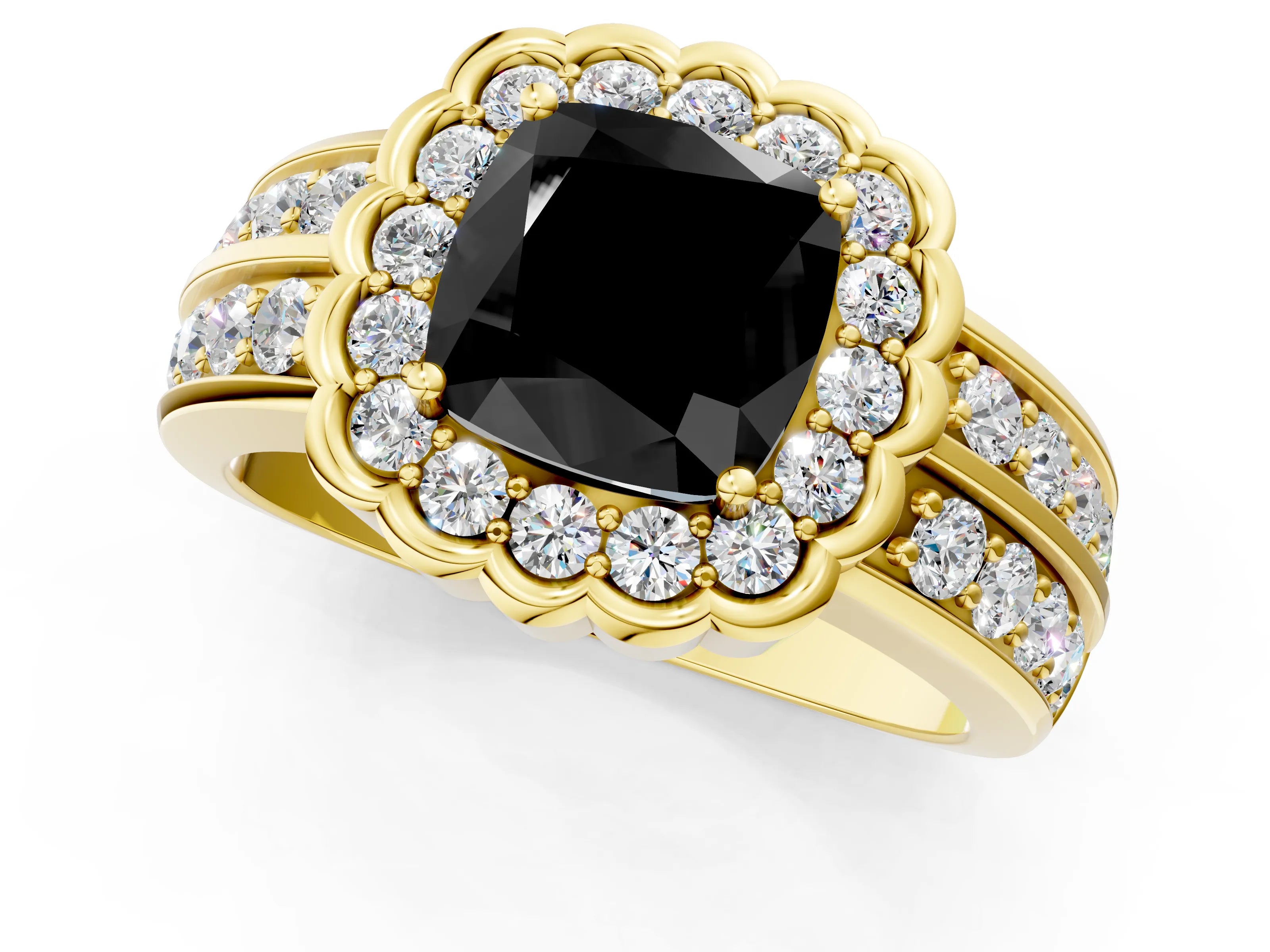 Yellow gold Fancy Black Cushion Cut Halo Diamond Split Shank Ring with Scalloped Prong Setting_1