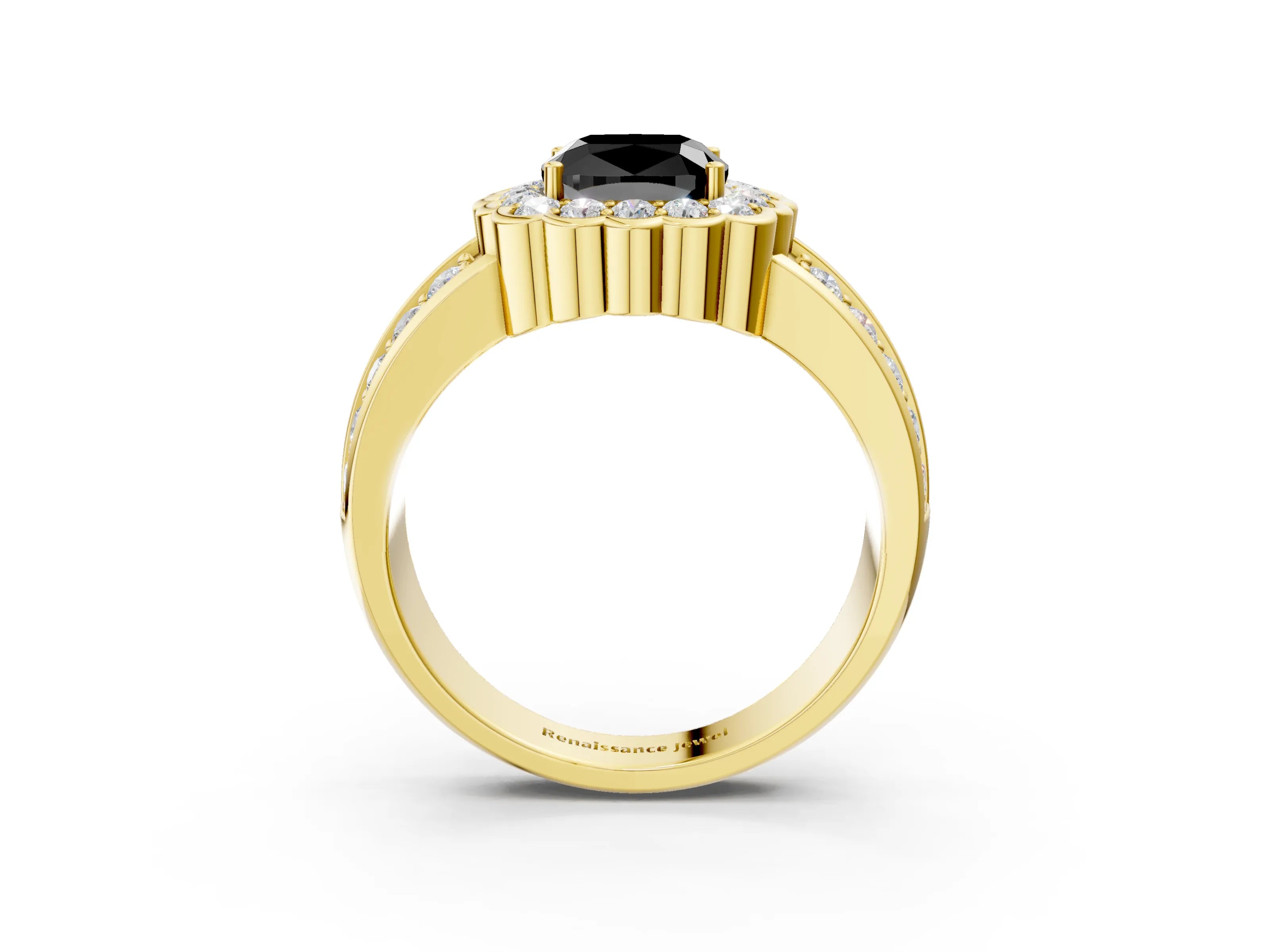 Yellow gold Fancy Black Cushion Cut Halo Diamond Split Shank Ring with Scalloped Prong Setting_3