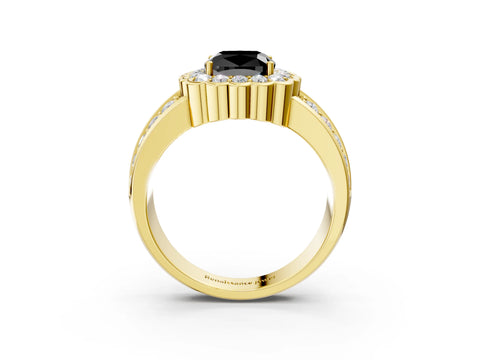 Yellow gold Fancy Black Cushion Cut Halo Diamond Split Shank Ring with Scalloped Prong Setting_3