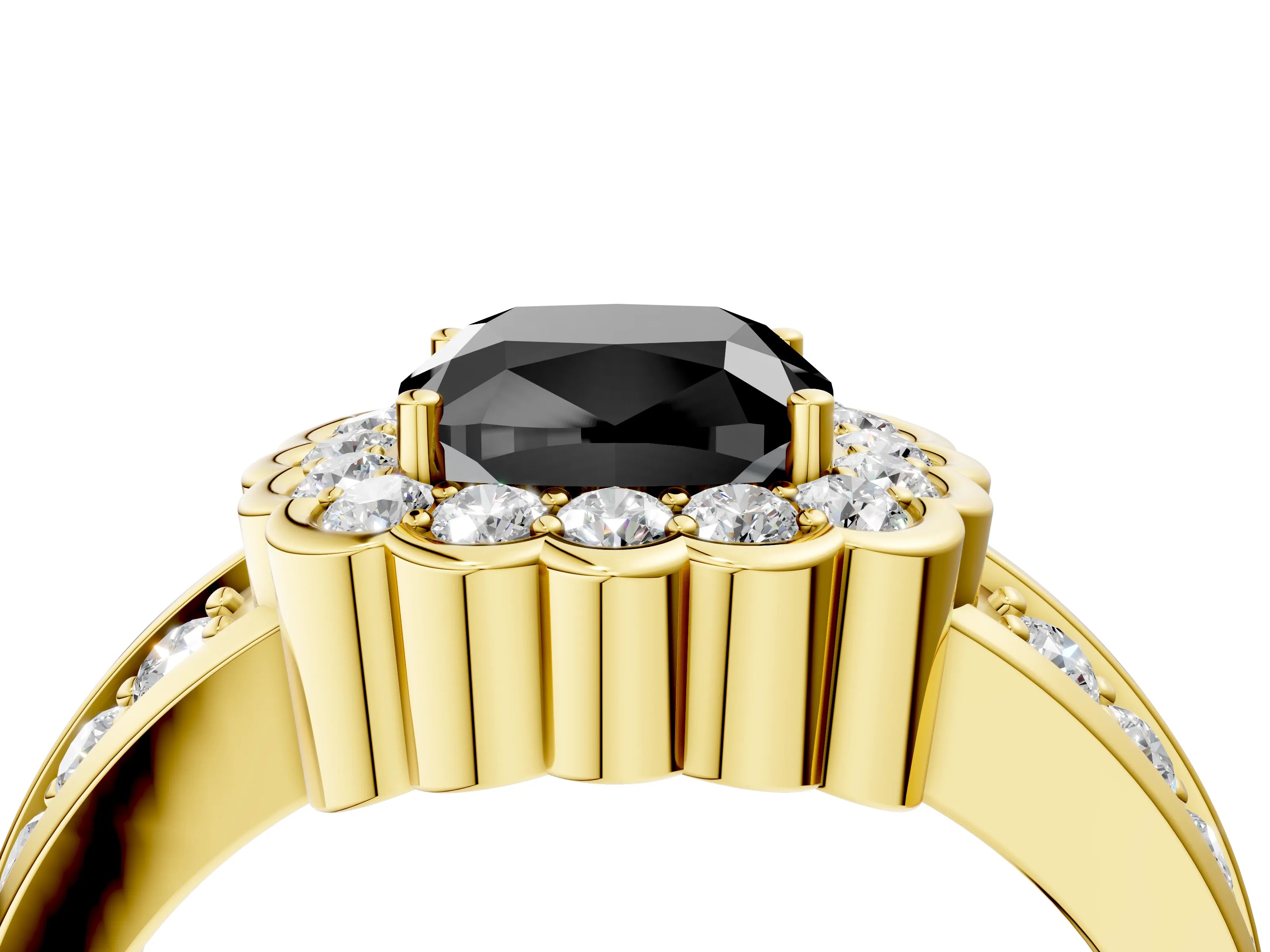 Yellow gold Fancy Black Cushion Cut Halo Diamond Split Shank Ring with Scalloped Prong Setting_4