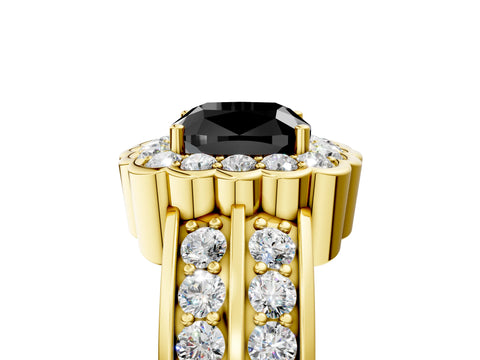 Yellow gold Fancy Black Cushion Cut Halo Diamond Split Shank Ring with Scalloped Prong Setting_5