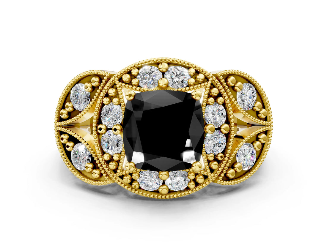 Yellow gold Fancy Black Cushion Cut Halo Milgrain Diamond Engagement Ring with Leaf Band and Four-Prong Setting