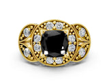 Yellow gold Fancy Black Cushion Cut Halo Milgrain Diamond Engagement Ring with Leaf Band and Four-Prong Setting