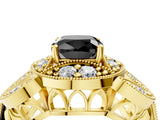 Yellow gold Fancy Black Cushion Cut Halo Milgrain Diamond Engagement Ring with Leaf Band and Four-Prong Setting_4