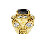 Yellow gold Fancy Black Cushion Cut Halo Milgrain Diamond Engagement Ring with Leaf Band and Four-Prong Setting_5