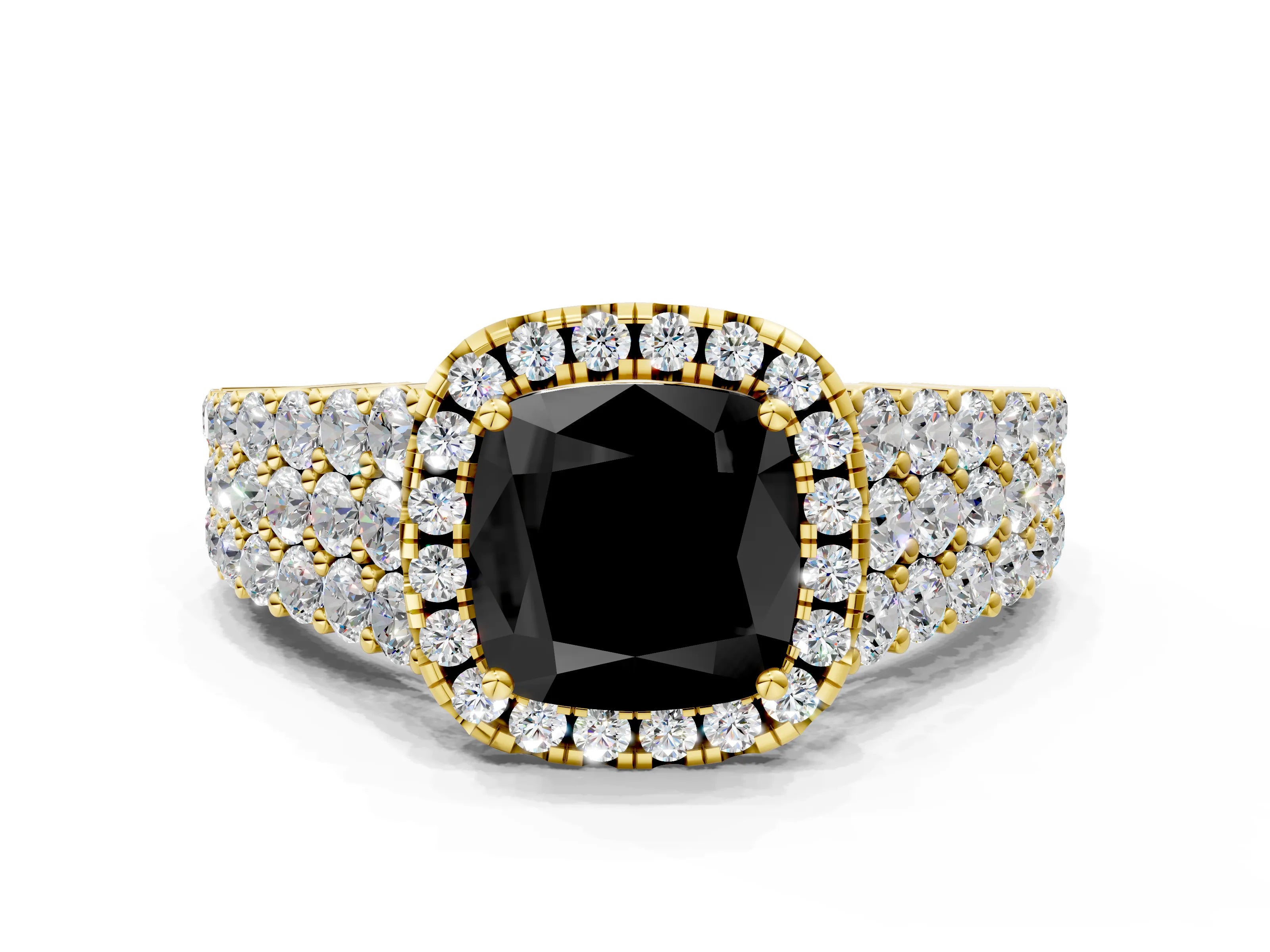 Yellow gold Fancy Black Cushion Cut Halo Pavé Diamond Engagement Ring with Split Shank and Four-Prong Setting_3