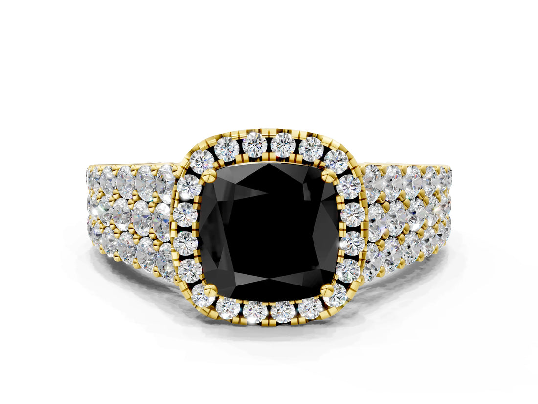 Yellow gold Fancy Black Cushion Cut Halo Pavé Diamond Engagement Ring with Split Shank and Four-Prong Setting_3
