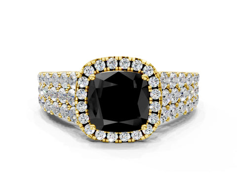 Yellow gold Fancy Black Cushion Cut Halo Pavé Diamond Engagement Ring with Split Shank and Four-Prong Setting_3