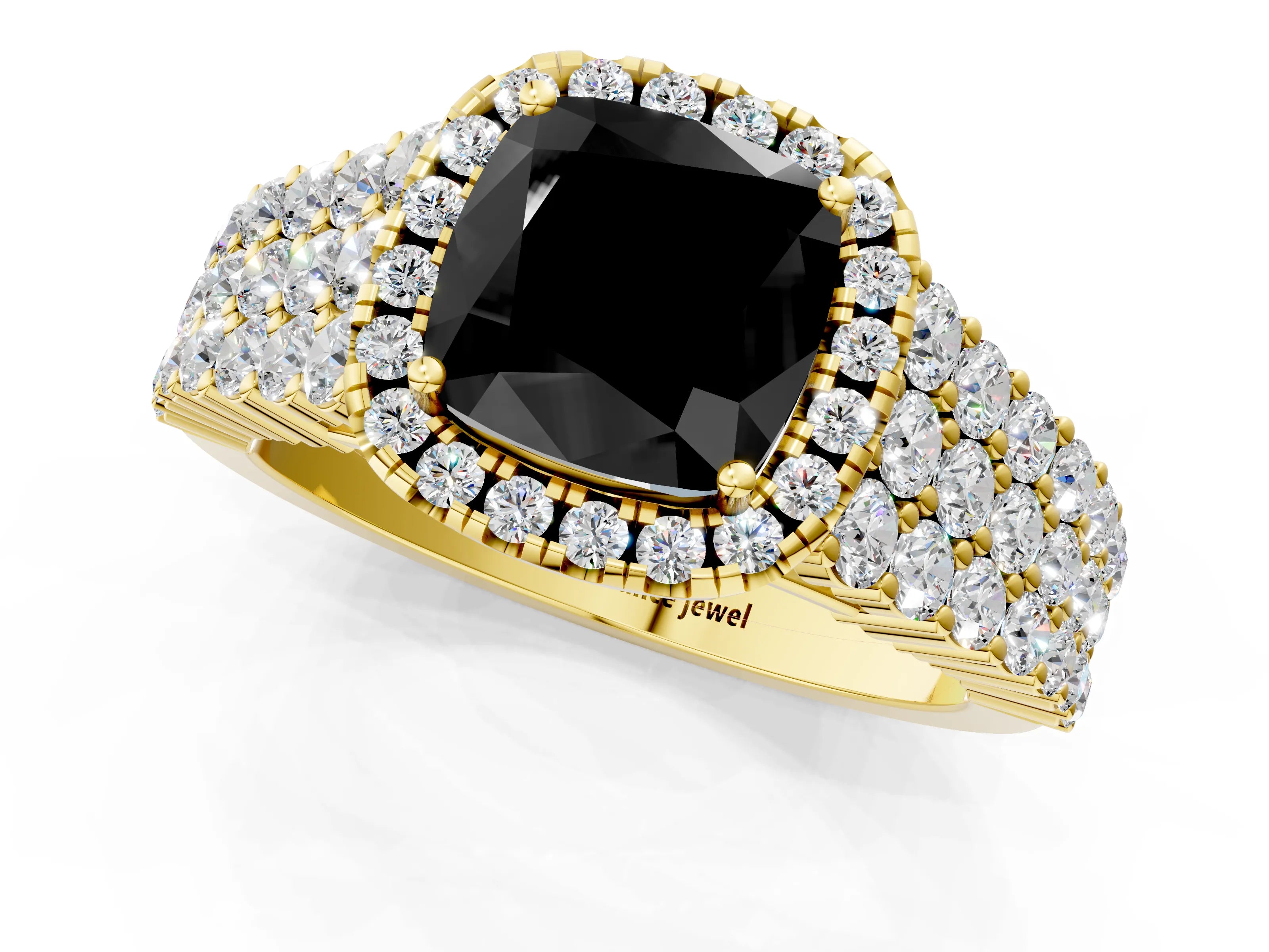 Yellow gold Fancy Black Cushion Cut Halo Pavé Diamond Engagement Ring with Split Shank and Four-Prong Setting_4