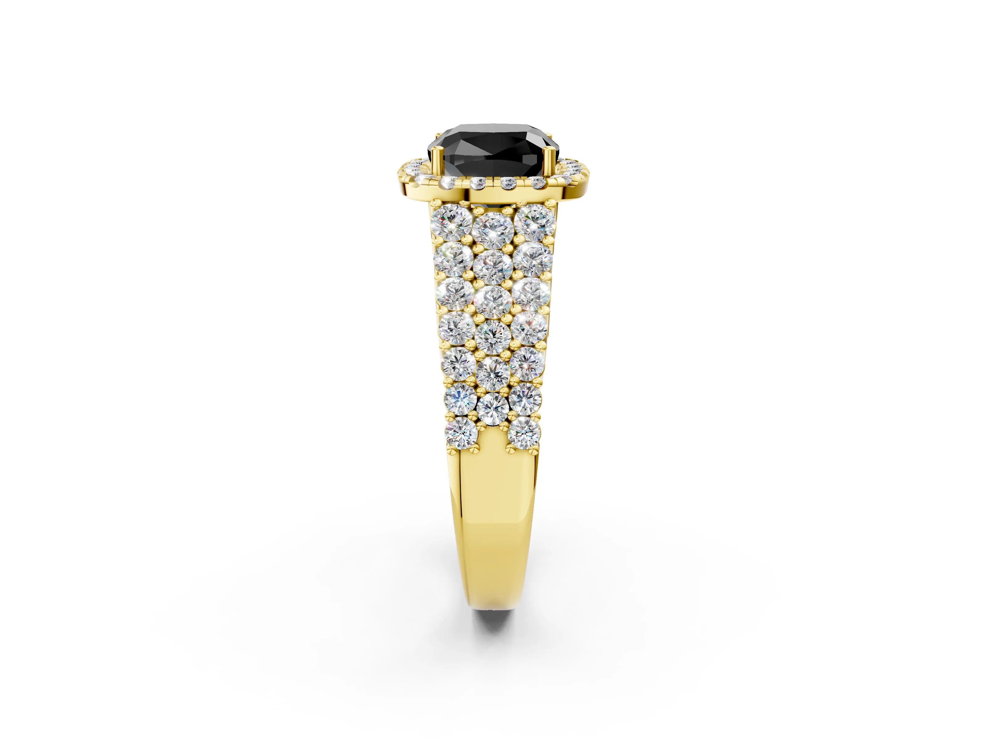 Yellow gold Fancy Black Cushion Cut Halo Pavé Diamond Engagement Ring with Split Shank and Four-Prong Setting_5