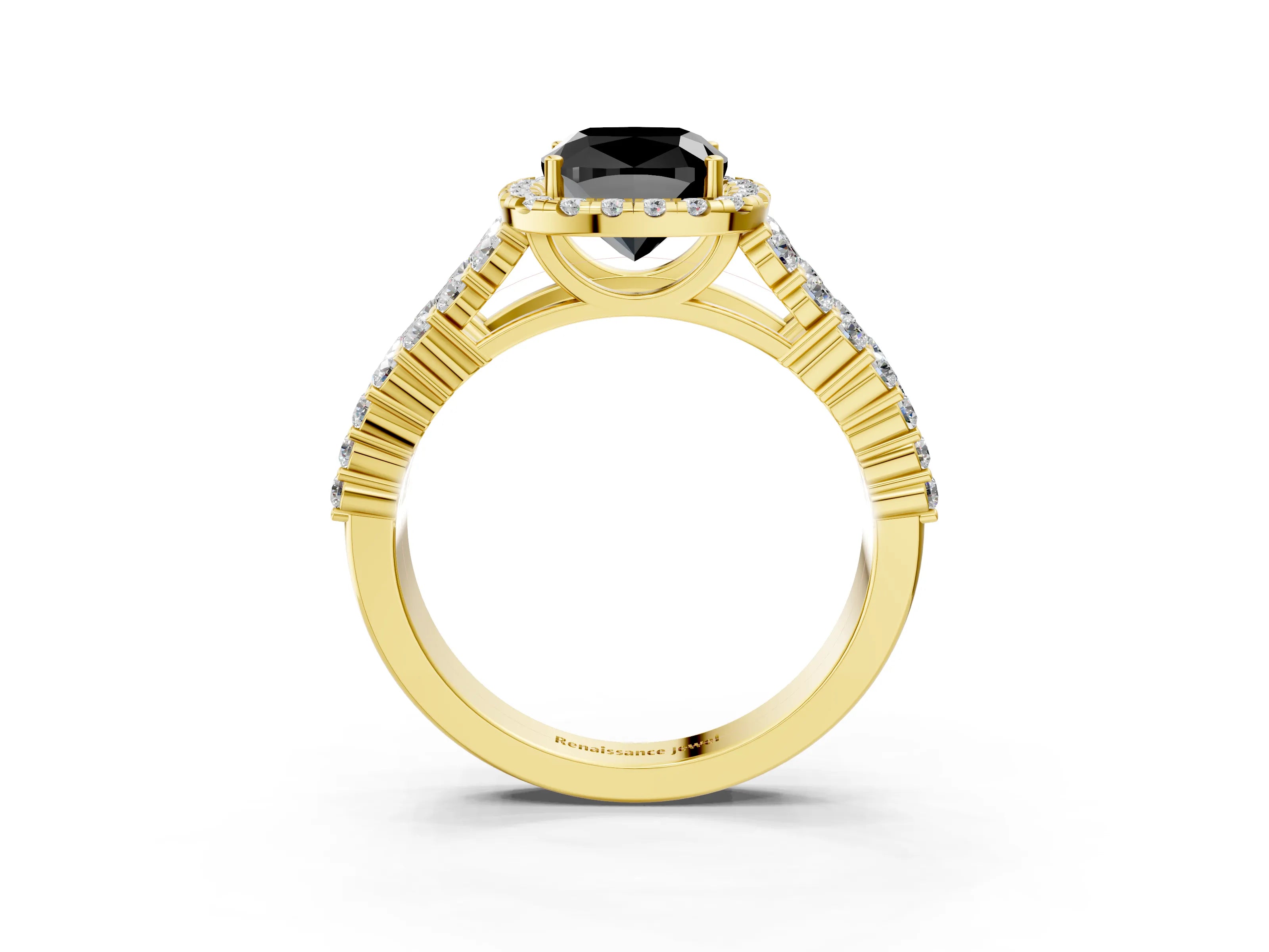 Yellow gold Fancy Black Cushion Cut Halo Pavé Diamond Engagement Ring with Split Shank and Four-Prong Setting_6
