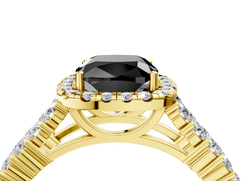 Yellow gold Fancy Black Cushion Cut Halo Pavé Diamond Engagement Ring with Split Shank and Four-Prong Setting_7
