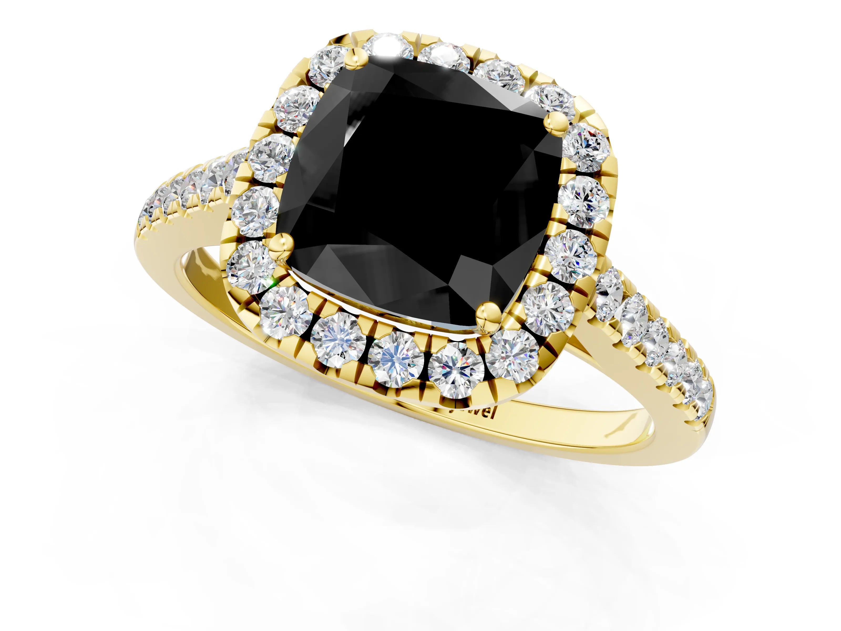 Yellow gold Fancy Black Cushion Cut Halo Pave Diamond Engagement Ring with Four-Prong Setting_1