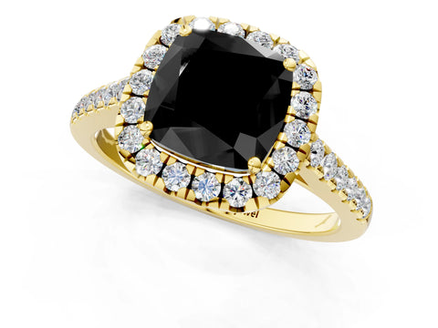 Yellow gold Fancy Black Cushion Cut Halo Pave Diamond Engagement Ring with Four-Prong Setting_1