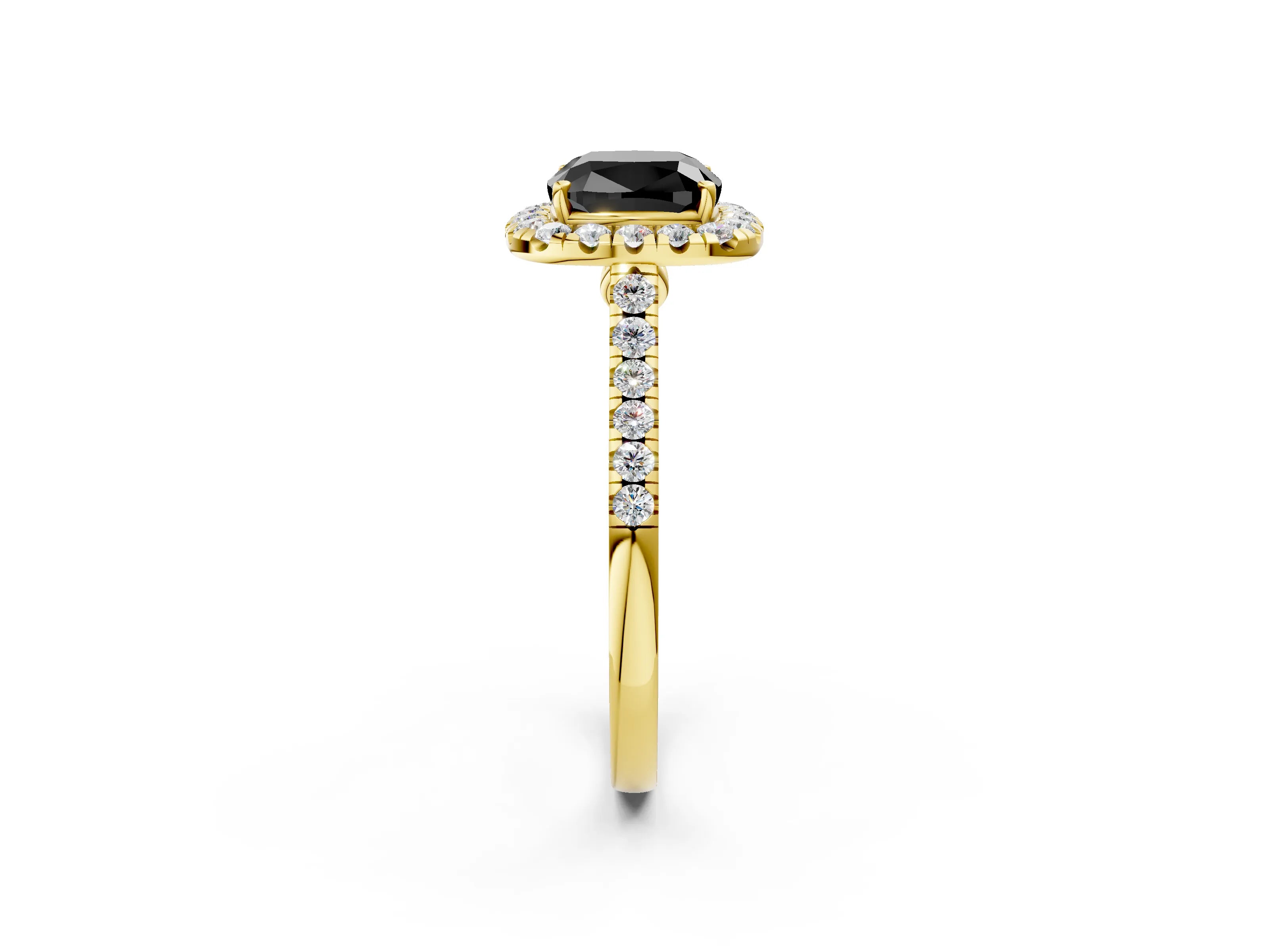 Yellow gold Fancy Black Cushion Cut Halo Pave Diamond Engagement Ring with Four-Prong Setting_2