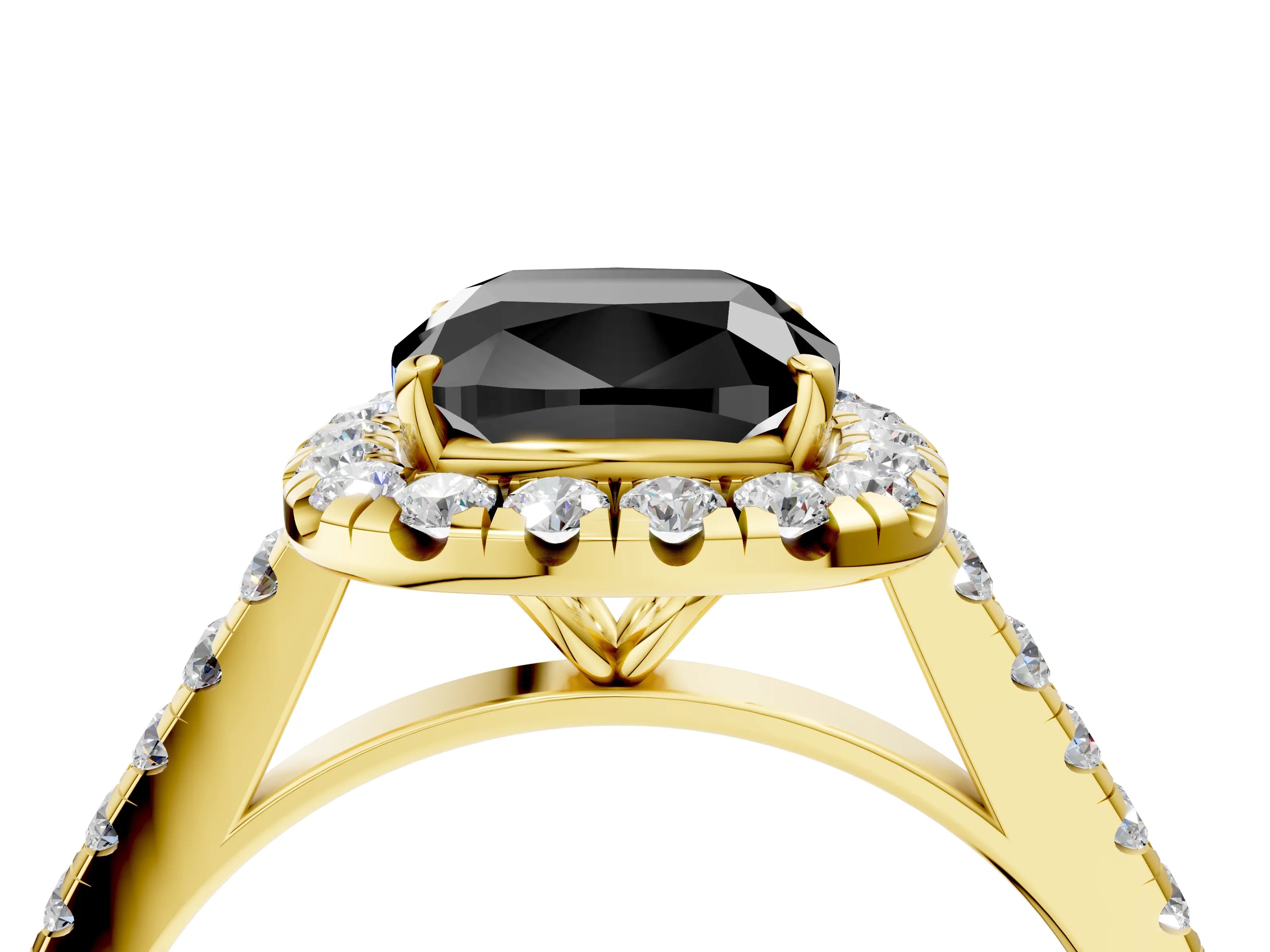 Yellow gold Fancy Black Cushion Cut Halo Pave Diamond Engagement Ring with Four-Prong Setting_4