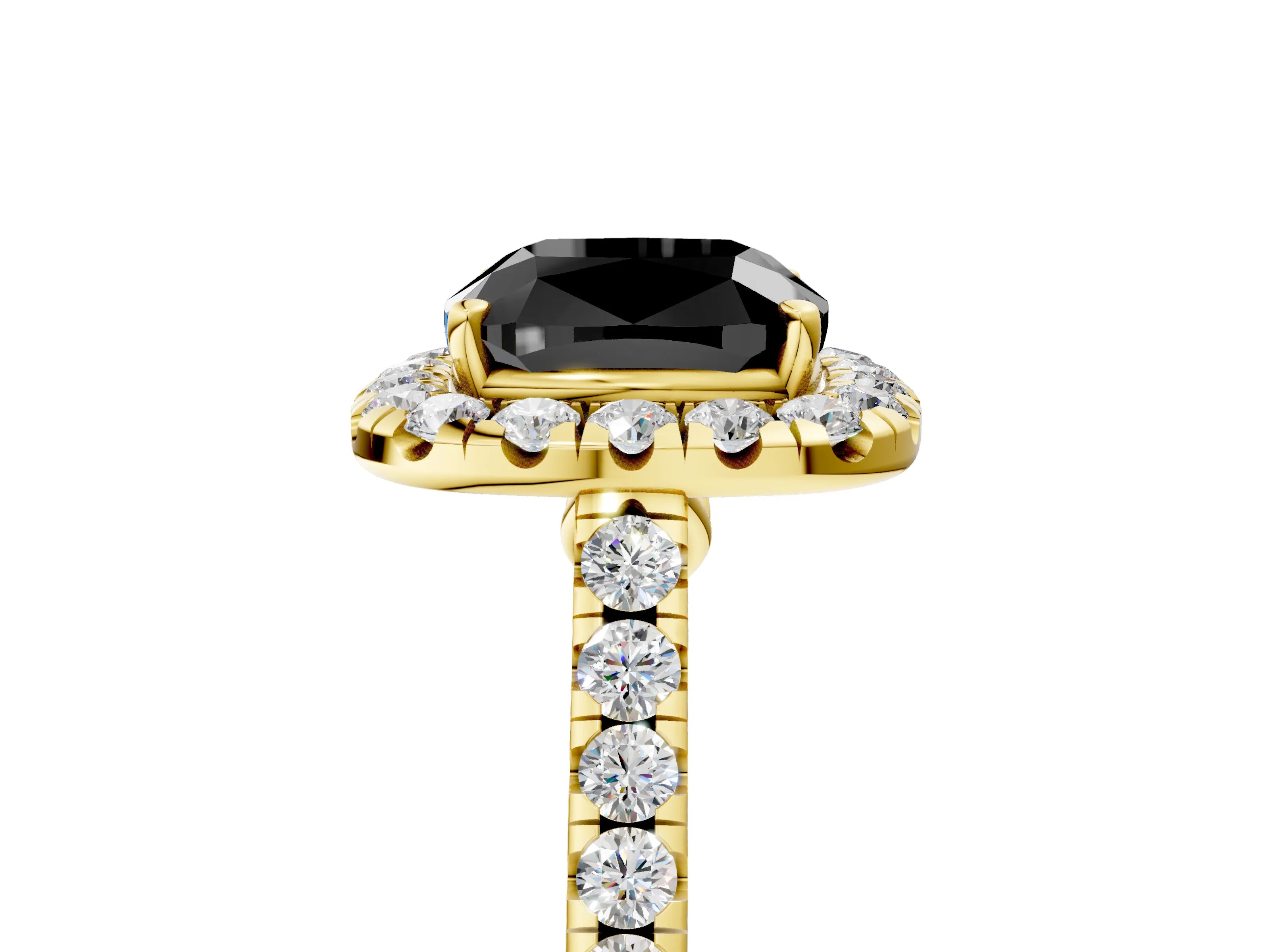 Yellow gold Fancy Black Cushion Cut Halo Pave Diamond Engagement Ring with Four-Prong Setting_5