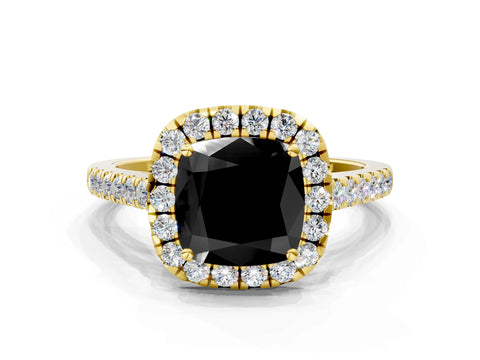 Yellow gold Fancy Black Cushion Cut Halo Pave Diamond Engagement Ring with Four-Prong Setting