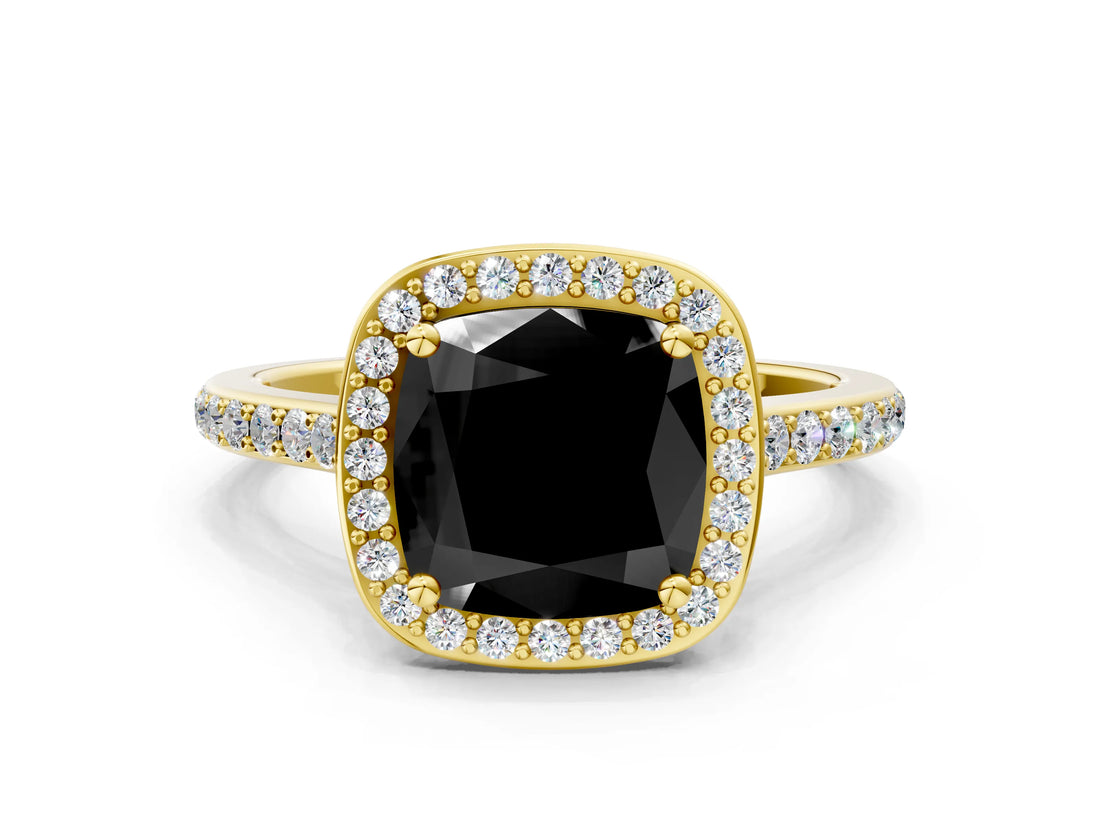Yellow gold Fancy Black Cushion Cut Halo Round Diamond Pavé Band with Four-Prong Setting_3