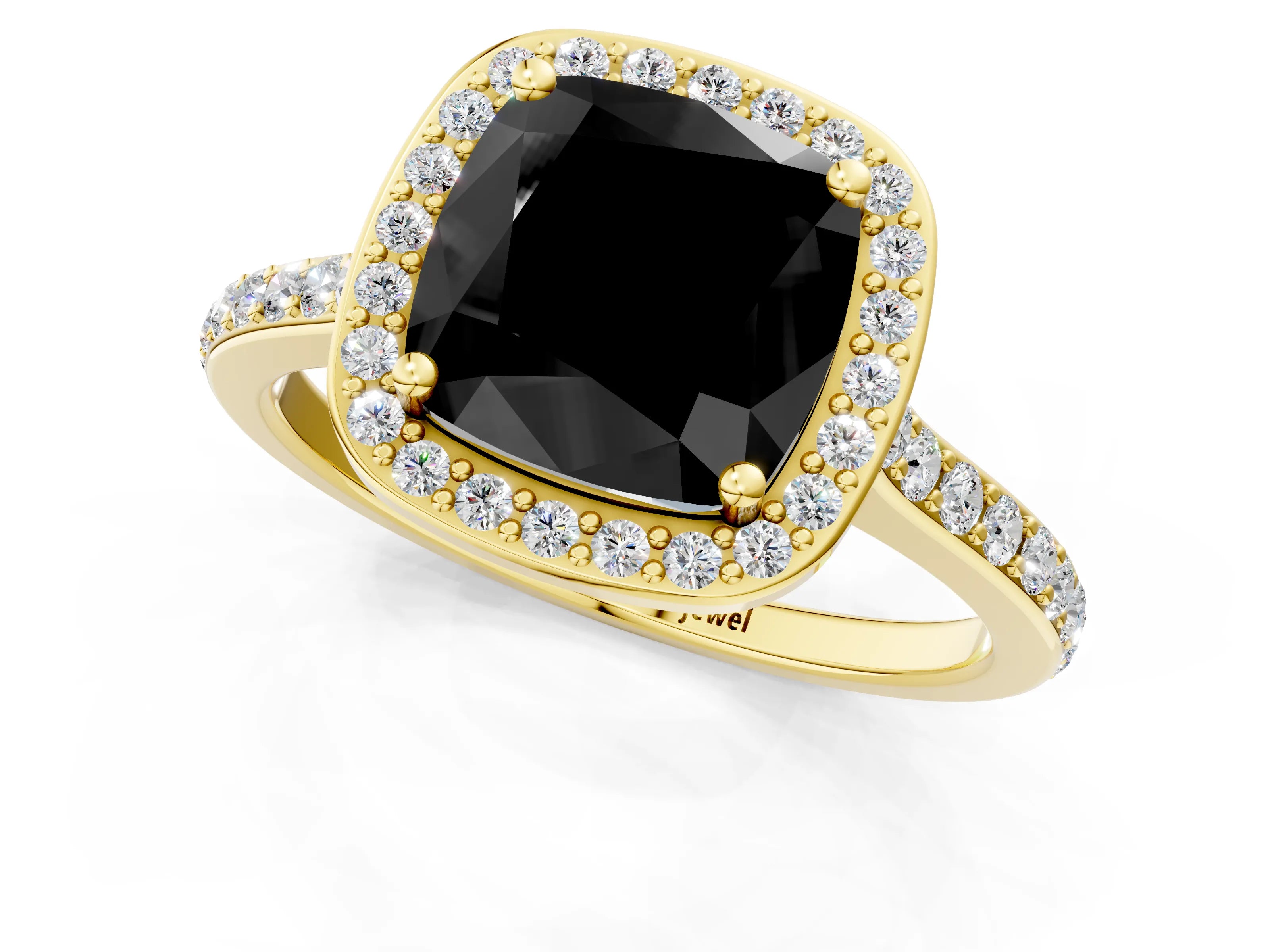 Yellow gold Fancy Black Cushion Cut Halo Round Diamond Pavé Band with Four-Prong Setting_4