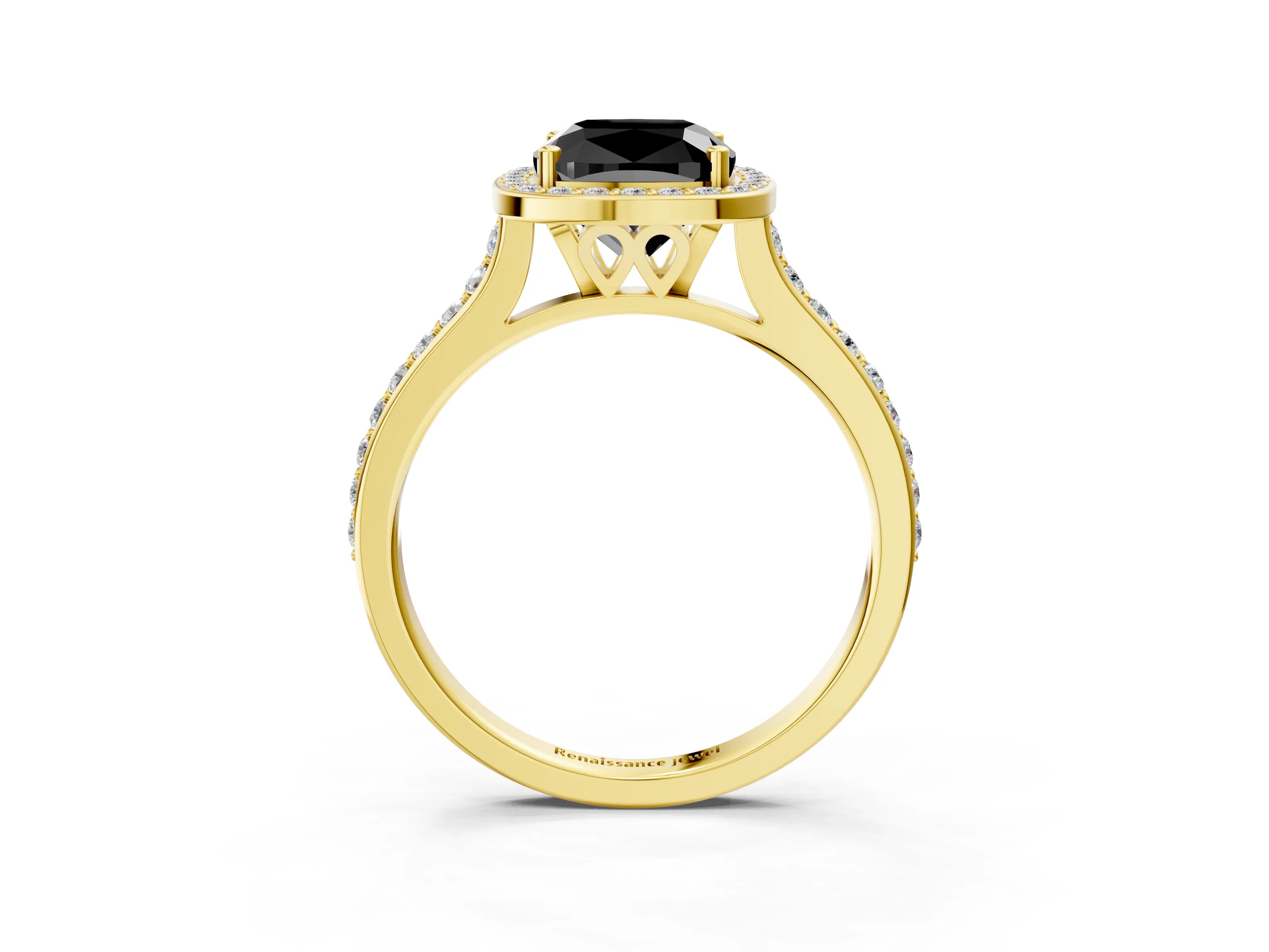 Yellow gold Fancy Black Cushion Cut Halo Round Diamond Pavé Band with Four-Prong Setting_6